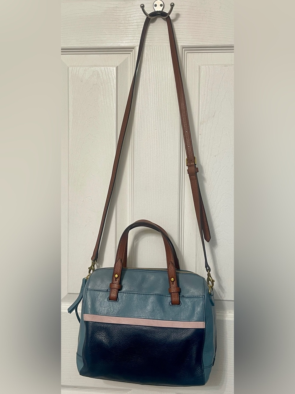 FOSSIL RACHEL 2-Tone Twilight Blue Leather Convertible Satchel Crossbody Bag - Picture 12 of 16